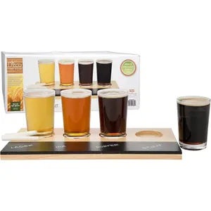 Beer Tasting Flight Sampler Board - Includes Four 6 oz Pilsner Craft Brew Glasses & Wooden Paddle w Chalkboard - Great for Game Nights & Taste Testing