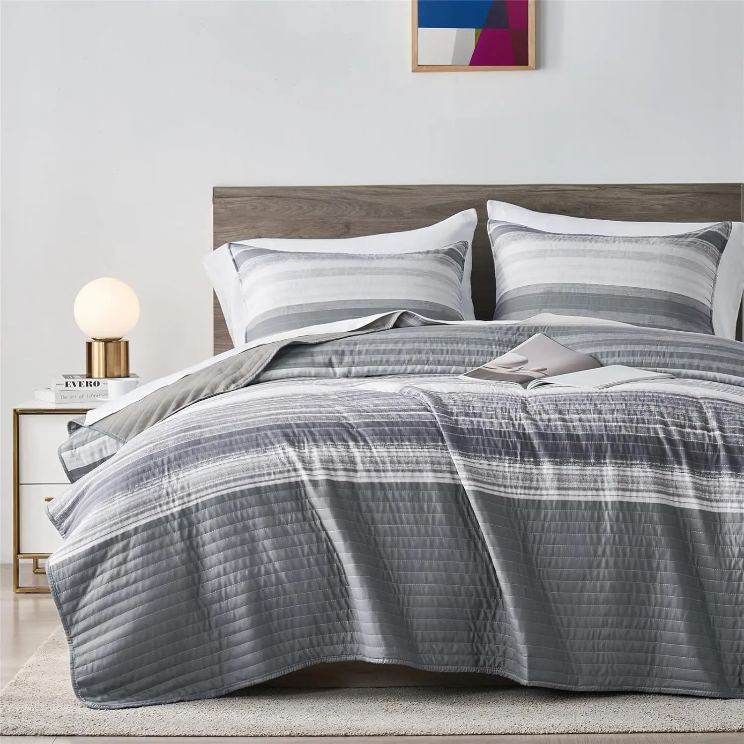 King/Cal King Quilt, White and Grey Patchwork Striped Quilt, 2 Lightweight Bedspread Coverlet with 1 Pillow Sham(Light Grey,King)