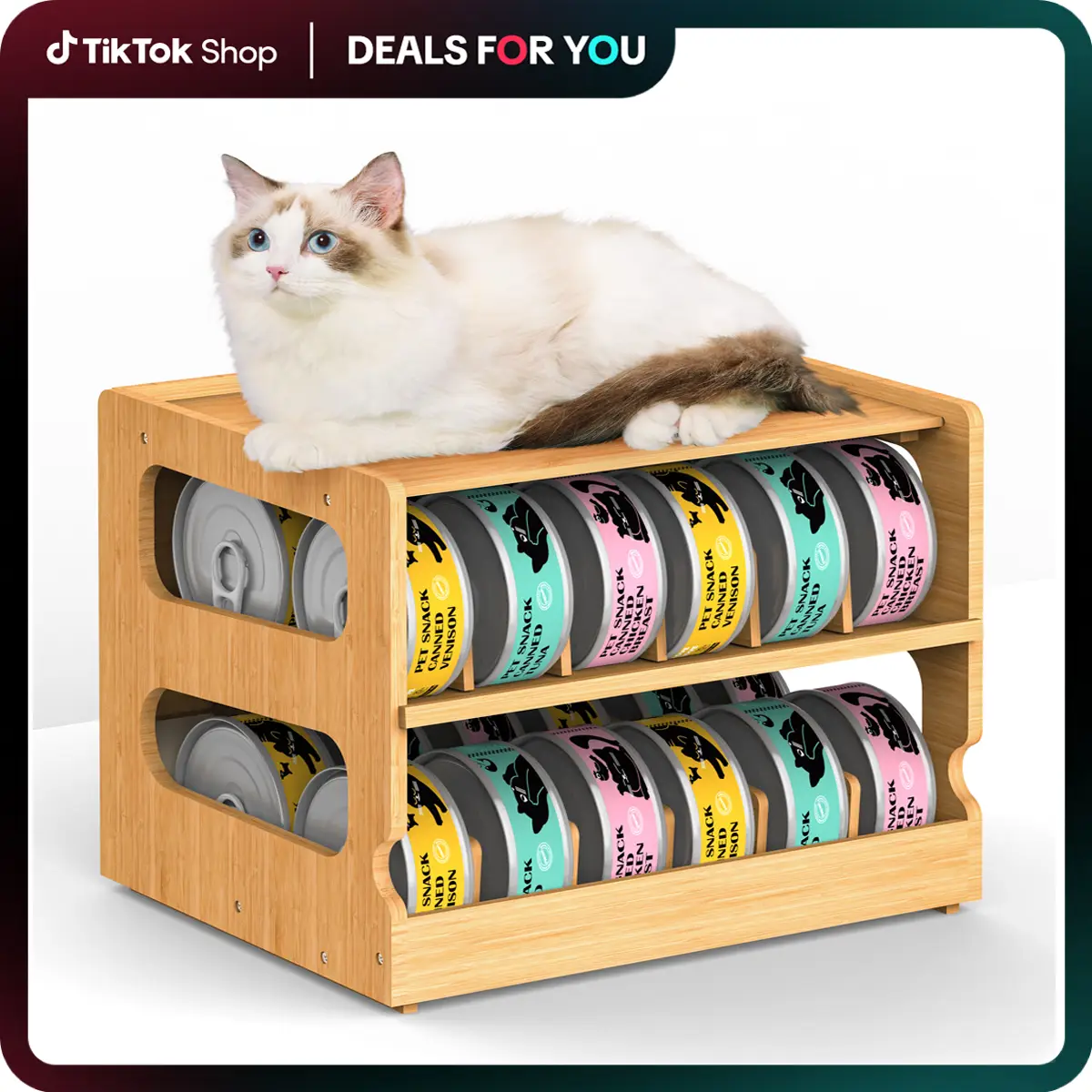 Can Organizer for Pantry, Bamboo Pantry Organizer, 2 Tier Stackable Can Storage Rack Ideal for 36 Human and Pet Food Cans(FIFO) Cat accessories Decor