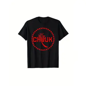 Men's 100% Cotton T-Shirt | Chuuk Micronesia | Black with Red Palm Tree & Stars Print | Breathable, Machine Washable | Round Neck, Short Sleeve | Versatile for Sports & Casual Wear