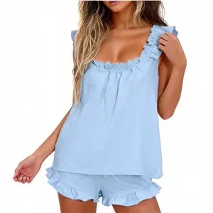 Women Pajamas Sets Ruffle Trim Sleeveless Top and Shorts Casual Sleepwear Set Loose Fit Breathable Loungewear Pjs Cozy Home Loungewear Short Loungewear Set Fashionable Lady All Season Pajamas Bridal Pajama Gift Regular Wea