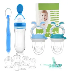 Baby Fruit Feeder Pacifier| 2 Infant Food Feeder Pacifier & Baby Food Dispensing Spoon| Mesh Fresh Fruit Teethers for Babies Teething Feeders| Shower Gifts for Boys and Girls (Blue)
