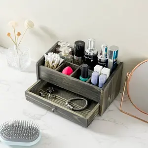 6 Compartment Gray Wood Modular Vanity Storage Box, Tabletop Angled Caddy for Jewelry Perfume Cosmetics Hair Accessories