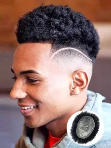 Afro Curly Toupee Hair Systems for Men, Remy Hair V-looped Biological Scalp PU Base Wigs Fluffy and Bouncy Hairpiece Breathable Puff Hair System(5*7/6*8/8*10 inch, Black)