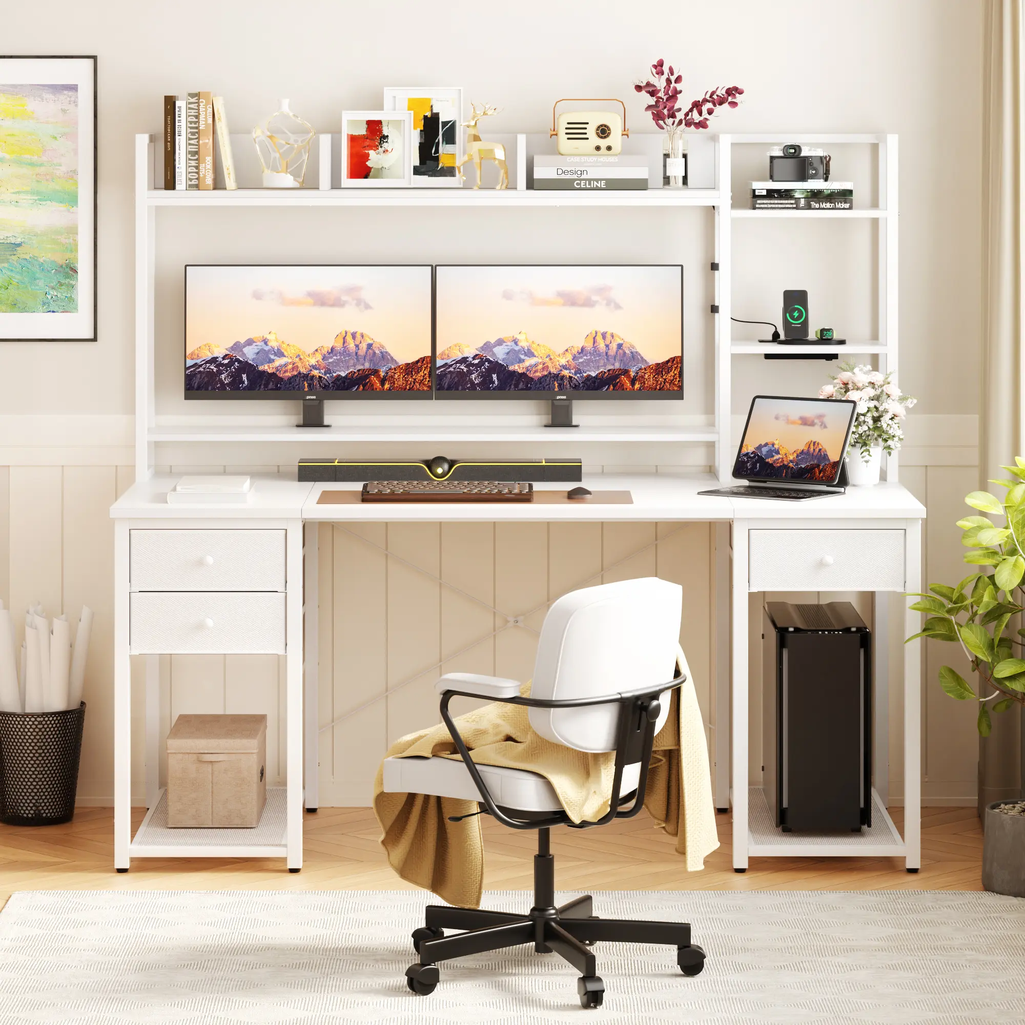 Cyclysio 55.2'' Adjustable Ergonomic Home Office Desk - Sturdy Durable Gaming Desk, Multi-Drawer Computer Workstation with Reversible Hutch, 3 Fabric Drawers, LED Lights, Charging Station, Storage Shelves, Home Office Desks