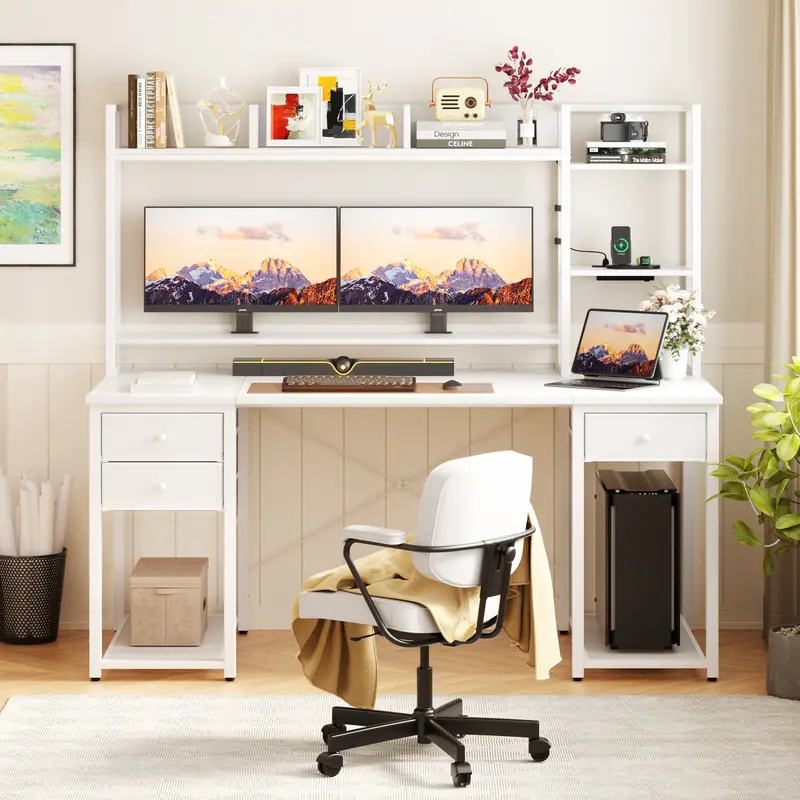 Cyclysio 55.2'' Rectangular Steel & Wood Adjustable Ergonomic Home Office Desk - Sturdy Computer Desk, Gaming Workstation with Reversible Hutch, 3 Fabric Drawers, LED Modes, Charging Station, Storage Shelves, Ergonomic Laptop Stand, Home Office Desks