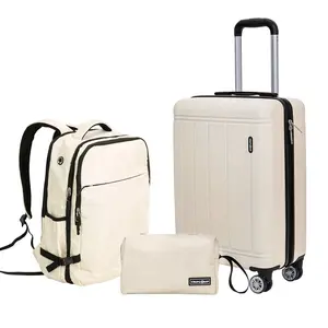 3 Piece Carry-on Luggage Sets, Hardside Suitcase with Spinner Wheels,Travel Backpack and a Packing Cube (White)