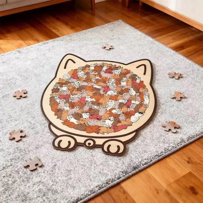 Unique Cat Head Wooden Puzzle, Cute Cats All-In-One Jigsaw Toy, Difficult & Fun Stress Relief Puzzle for Family Game Night & Party Activities