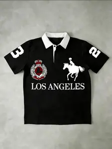 Men's 'Los Angeles 23' Polo Shirt, Masculine, Retro Equestrian Print, Contrast White Collar Top, Streetwear Essential, Urban & Preppy-Inspired Fashion, Breathable Fabric, Oversized Fit, Vintage Sports Jersey Aesthetic