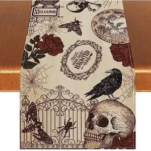 Retro Halloween Table Runner Halloween Gothic Skull Tablecloth Day of The  Roses Skull Decor Halloween Decorations and Supplies for  -13x108''