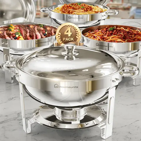 WARMOUNTS Round Chafing Dishes for Buffet 5QT, Chafers and Buffet Warmers Sets with Mirror-Polished Stainless Steel, Rolled Rim, Stackable, Lid Holder for Parties, Catering, Weddings(2/4/6 Pack)