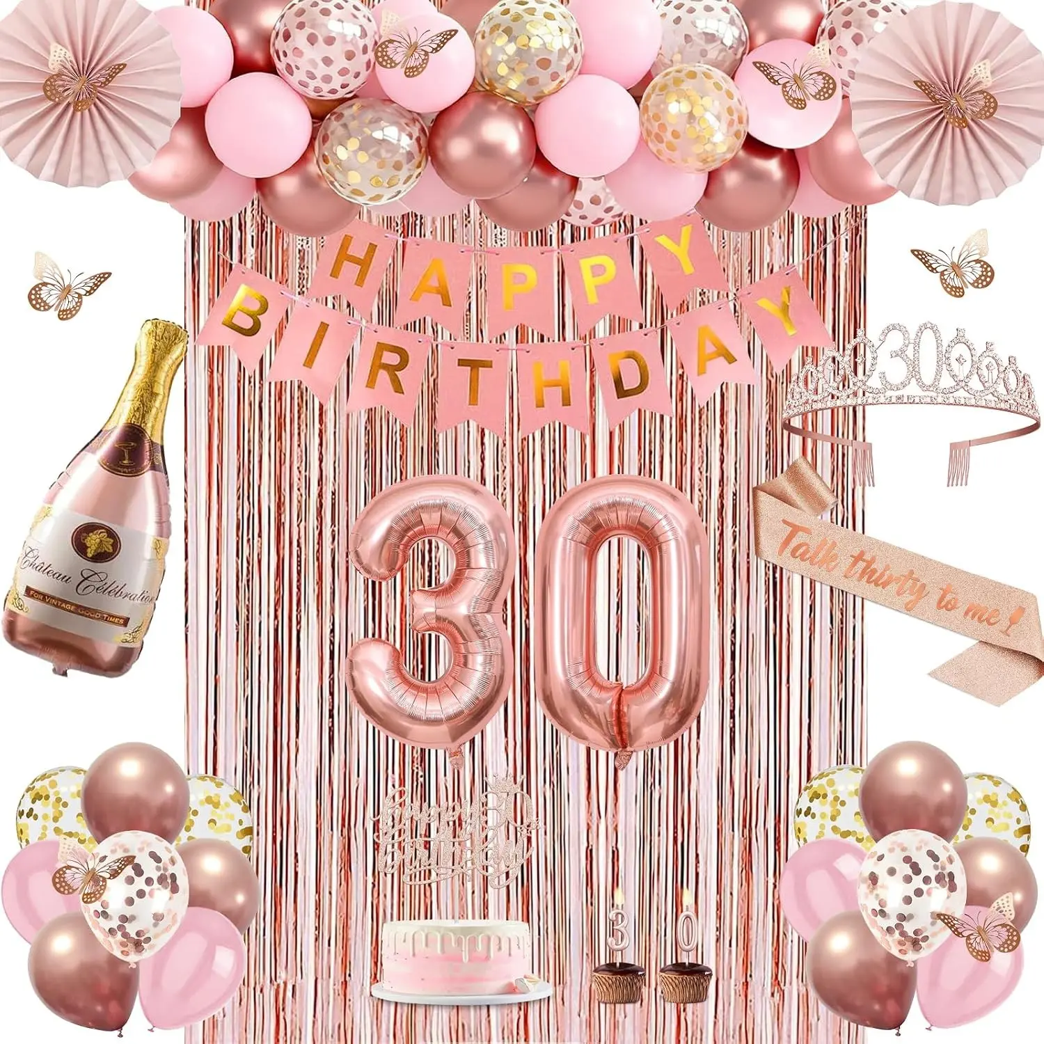 30th Birthday Decorations for Women Rose Gold Happy 30th Birthday Party Supplies Set for Her with 30 Sash Crown Banner Fringe Curtains Hanging Paper Fans