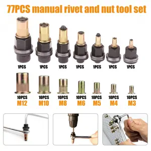 77pcs Manual Riveting Kit Featuring 7 Sizes from M3 to M12, Includes 10 Rivet Nuts of Matching Size And Flat Rivet Gun Heads Suitable for Automotive, Industrial Applications, Home Decor, And Various Metal Welding Tasks