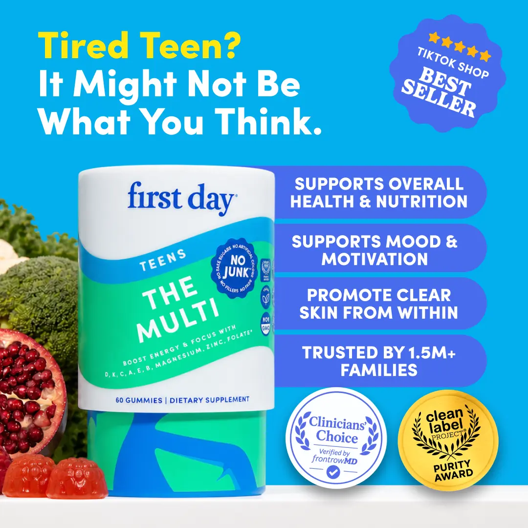 First Day Teen Multivitamin Gummies Ages 13-17, Natural Orange Flavor - 21 Organic Superfoods, Vitamin C D3 B12 Magnesium Zinc - Focus, Mood, Immunity, Energy, Clear Skin - 30-Day Supply, Vegan, Gluten-Free, No Junk