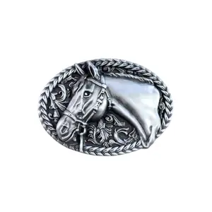 Antique Brushed Silver Horse Head Western Cowboy Cowgirl Oval belt buckle