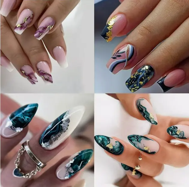 Gradient Glitter Press-On Nails – Purple/Blue/Green with Gold Foil, Medium Square & Drop for Daily & Party Looks