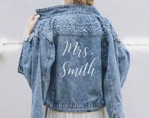 Custom Pearl Denim Jacket , Bridal Jean Jacket , Mrs Gift for Honeymoon , Engagement Gift for Bride to Be , Wedding Party Jean Jacket