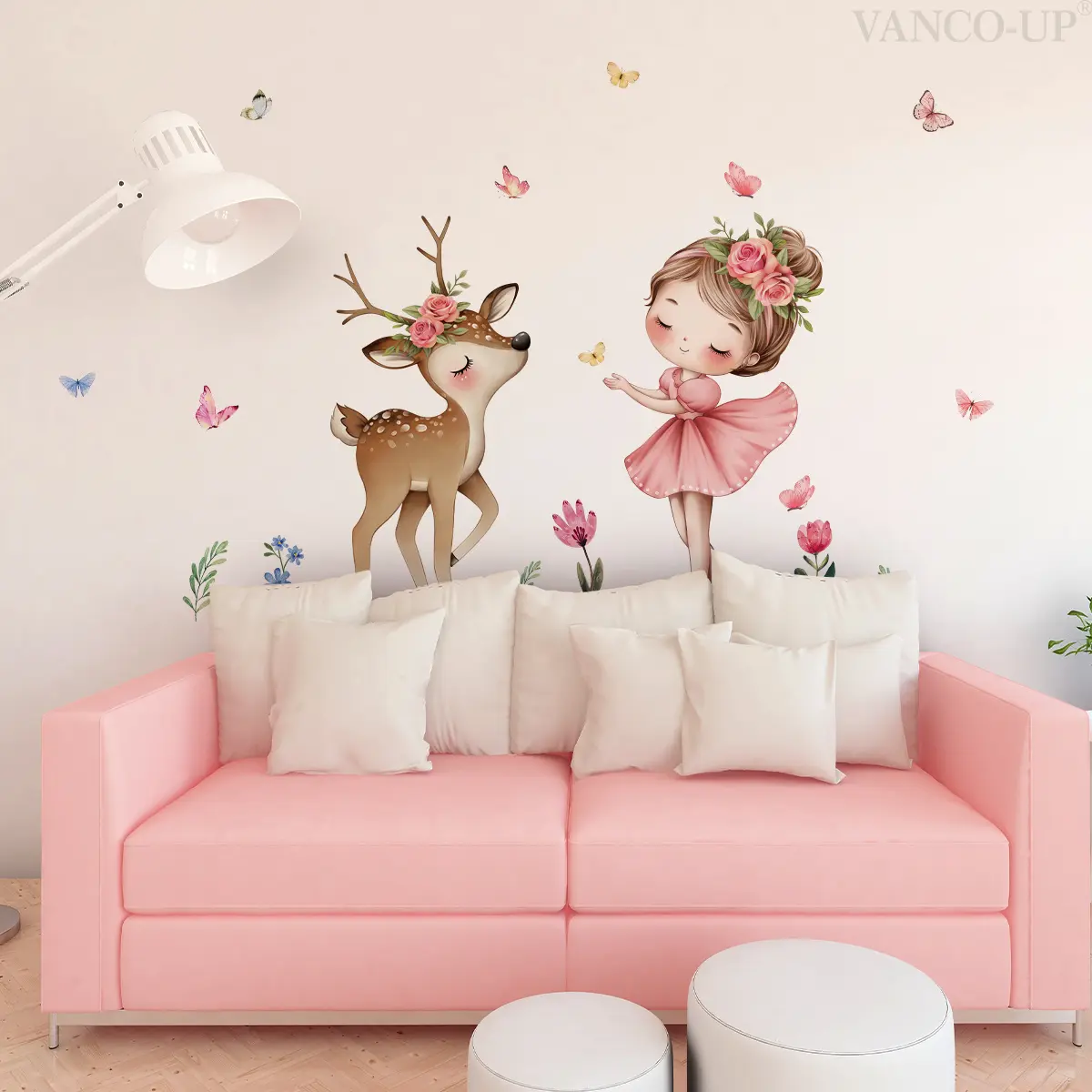 A set (30*60cm*2pcs) of new hand-painted butterfly, fawn and flower wall stickers for beautifying home, living room, entrance, corridor, bedroom decoration and bathroom background wall stickers M16171