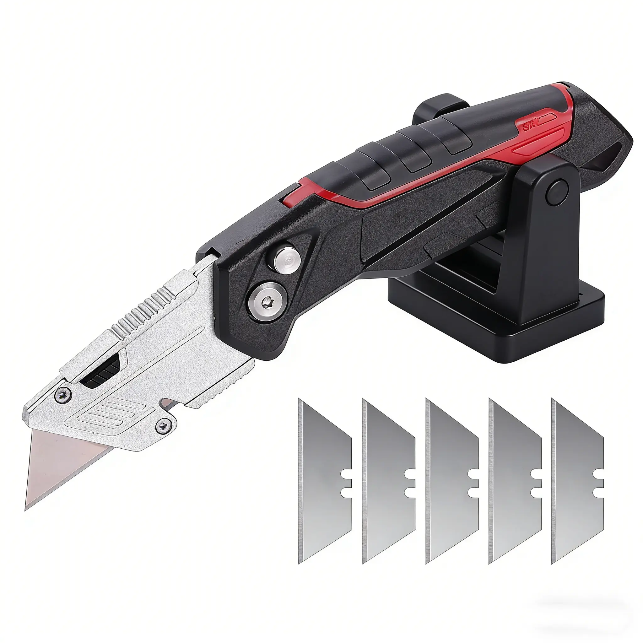 Heavy-Duty Folding Box Cutter, High Hardness Stainless Steel EDC Tool with Razor Sharp Blade, Comfortable Handle, Felt, 5 Blades Included, High Cutting Efficiency for Drywall, Plastic Boards, Boxes