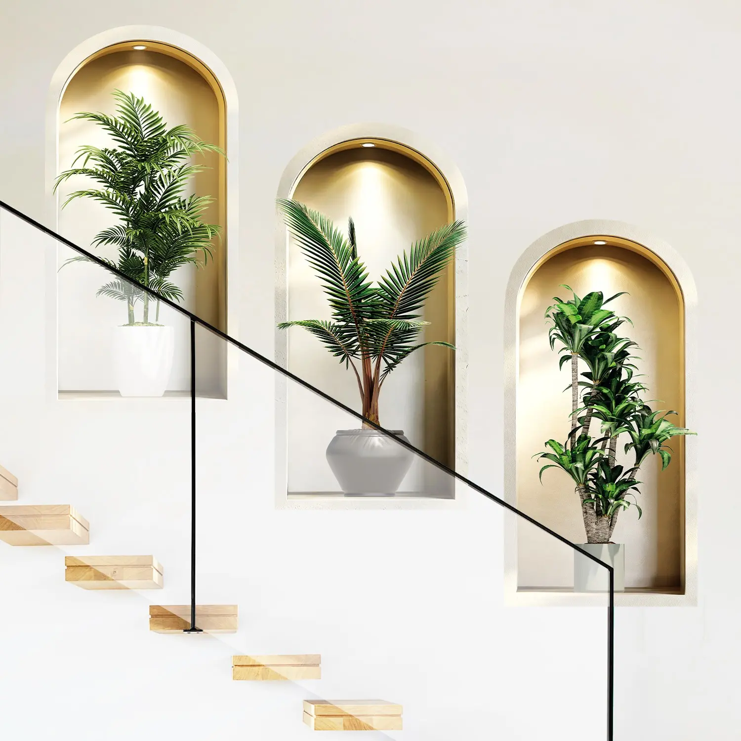 3-piece set, Nordic green plant themed simulated arched window flower basin wall sticker, self-adhesive removable decorative sticker Wall Decal, Home Decor, Adhesive Stickers, suitable for wall decoration in living rooms, dining rooms, and study rooms