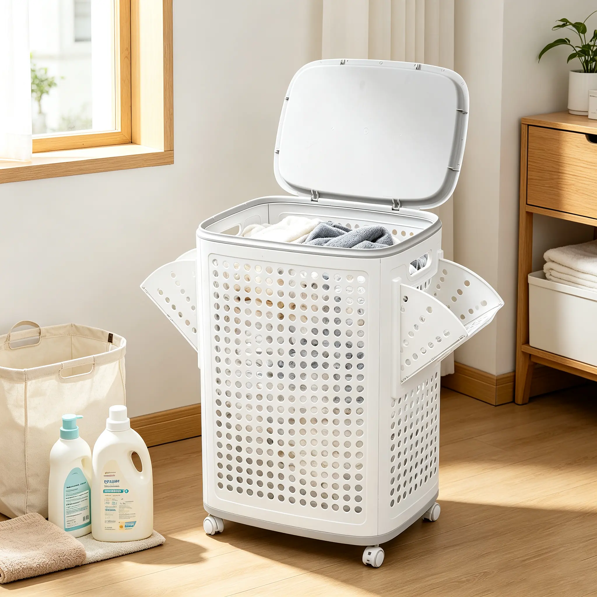 70L Rectangular PP Plastic Laundry Basket with Wheels, Lid, Detachable Side Storage Baskets, Mesh Ventilation, Foldable Rollable Design, 43x32x62cm Dirty Clothes Hamper for Bathroom, Bedroom, Home Use
