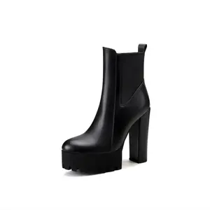 Women's-On Chunky 3.94inch Ultra-Heel Platform Ankle Boots - British-Inspired Black Round Toe Faux Cover/Boots Autumn/Winter, Versatile Casual to Formal Wear, Heel Boots, Durable Pu Sole Girl Walking Shoes
