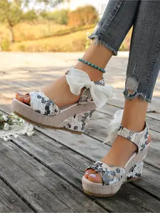 Women's Summer Floral Print Wedge Sandals Butterfly Knot Thick Sole High Heel Open Toe Shoes, Casual Comfortable Footwear