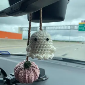 Crochet Pumpkin and Ghost Car Charm | Pink and Ivory
