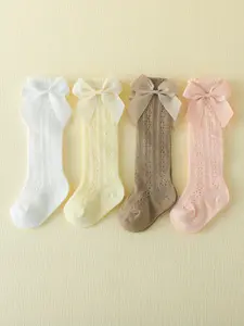 Girls' Bowknot High-Top Socks Set, Pure Color Mesh Design, Solid Socks, College Style Baby Long Tube Socks, Pack of 4 Pairs