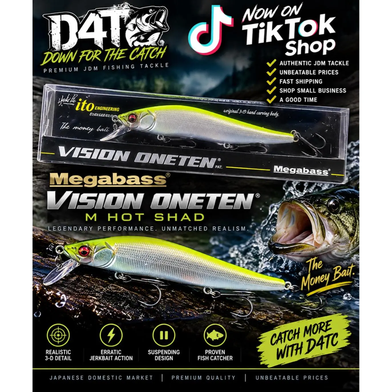 Megabass Vision ONETEN M Hot Shad 110mm Suspensing Jerkbait with Reflective Finish for Largemouth Bass Fishing