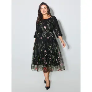 BLOOMCHIC Plus Size Floral Embroidered Elastic Waist Lined Midi Dress [M–6X], 2026 Summer Vibes