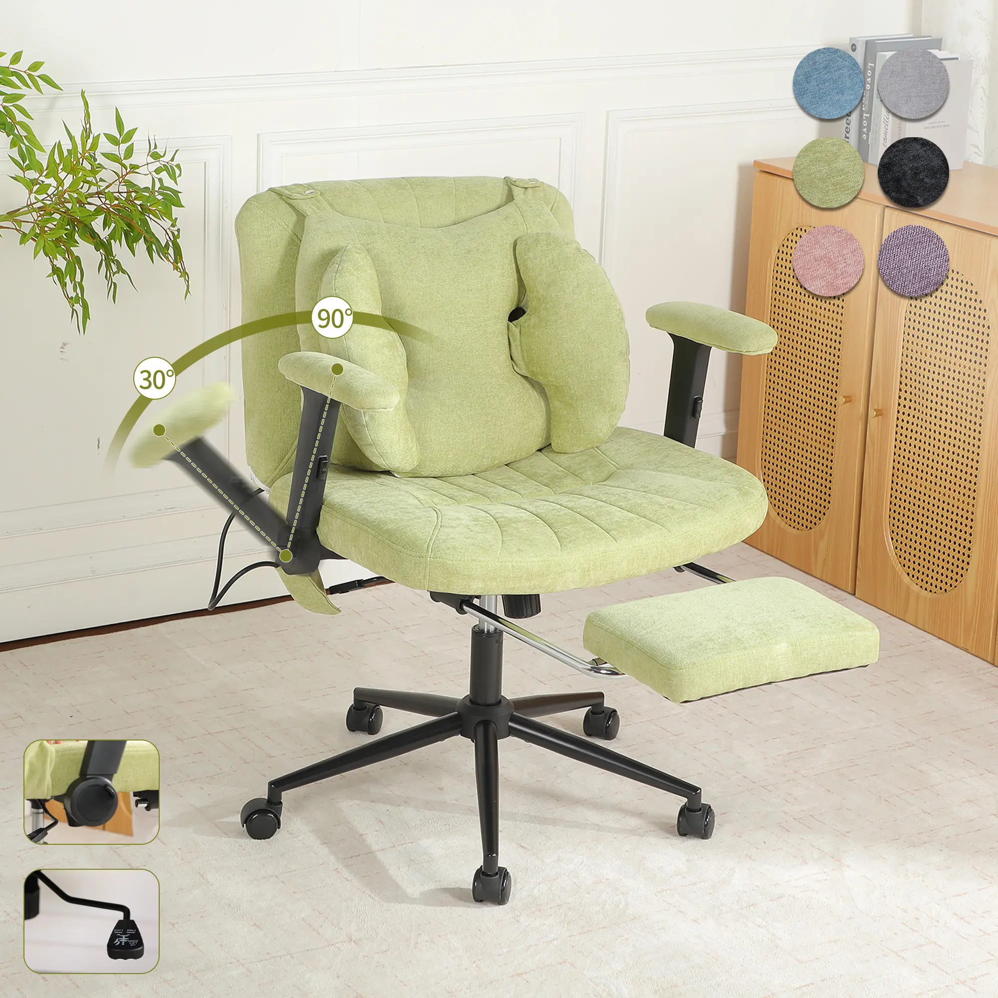 SOUTTEE Armrest Casters Office Chair with Pneumatic Lumbar Support and Retractable Footrest, Height-adjustable, Featuring A Wide Seat Cushion Design. Ideal for Home Offices, Meditation, and Dressing Room Settings.