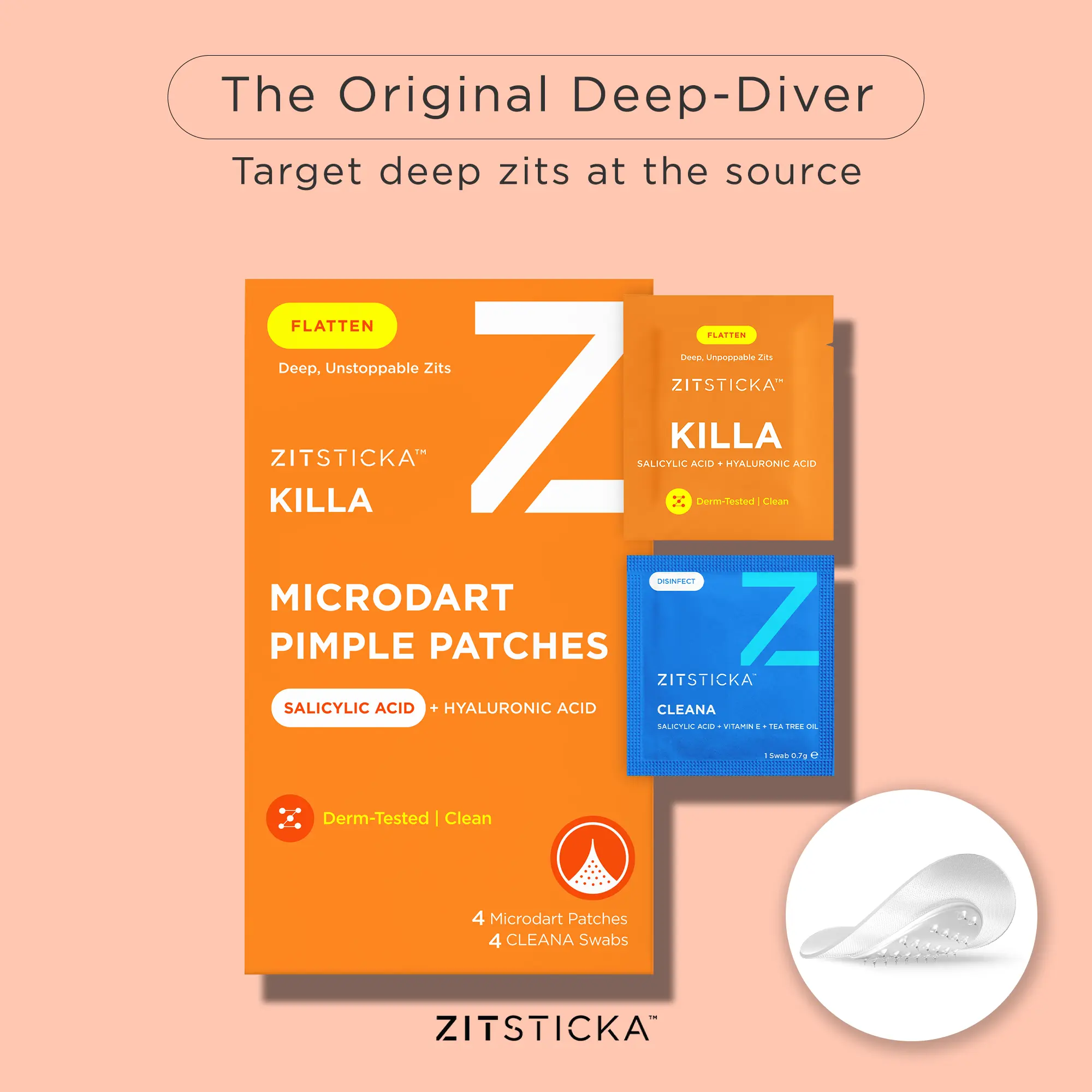 ZitSticka Killa Microdart Pimple Patches for Face - Most Potent Pimple Patch with Fast-Acting Microdarts - For Deep, Early-Stage Zits with Salicylic Acid - Regular 4 Count with Cleaning Swab