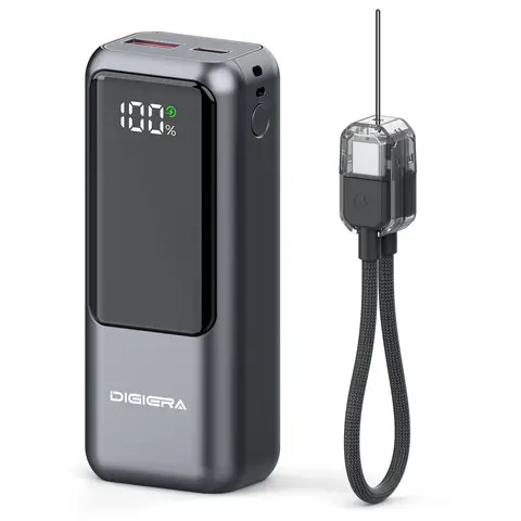 Digiera 10000mAh Magnetic Universal Chargeable Power Bank, 20W PD Ultra Fast Charging, Built-in Dual-Direction Cable Lanyard, LED Battery Display, USB-C Port, Durable Handsfree Carry, AI Temp Control, Protection, Compact Travel Accessory