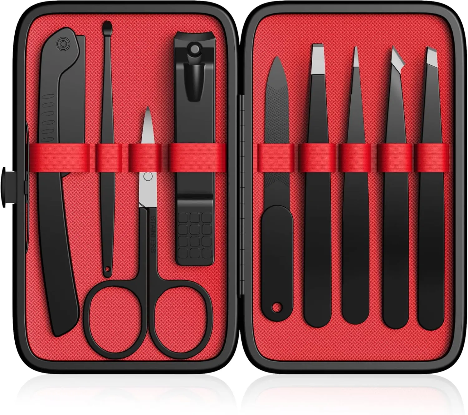 Professional 9-Pc Stainless Steel Tweezers Kit - Compact Grooming Tools for Managing Ingrown Facial Hair, with Protective Leather Travel Case, Ideal Stocking Stuffing Gift, Multi-Pack, Youth, Accurate And Comfortable Use, Precise Removal, 9 Pieces, Portab