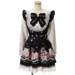Kawaii Lolita Suits Harajuku Sweet Lace Patchwork Slim Fit Blouse +  High Waist Skirts Women Spring New Black Two Piece Sets