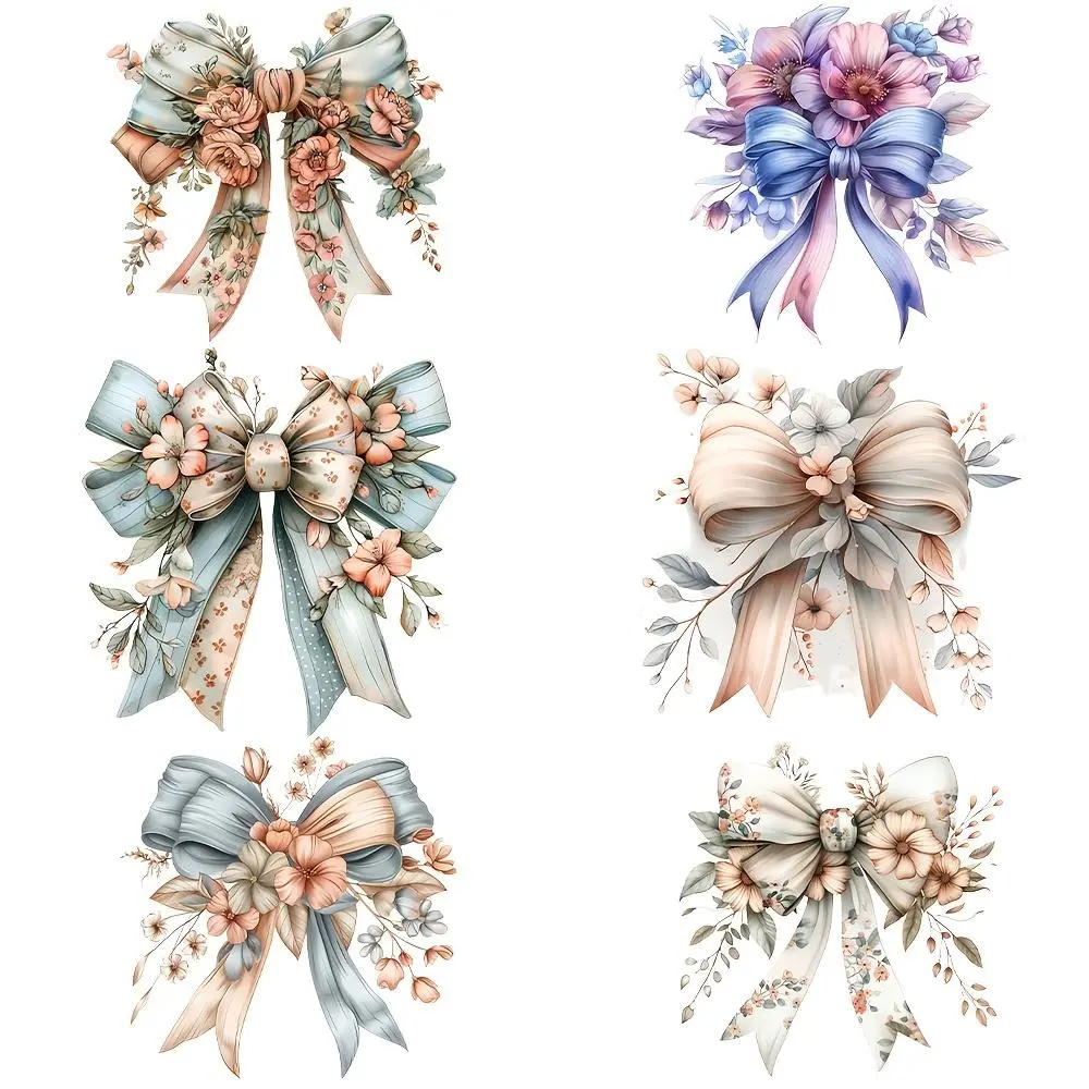 Floral Bow Pattern DIY Iron-on DTF Transfer Sticker, DIY Rose Flower Decor, 8 Counts/set DIY Material Durable & Washable Heat Press Decals for Customizing T-shirts, Masks, Jeans, and Backpacks, DIY Crafts Supplies
