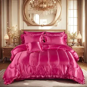 King Size Bed in a Bag Hot Pink Bedding Set Silk Like Comforter Set Sexy Sheet Set Luxury Hotel Room Girly Bed Sets Ruffled Gothic Down Comforter 8 Pcs