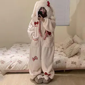 2025 Autumn/Winter Fashion New Collection Women's Cute Rabbit Coral Fleece One-Piece Pajamas with Bowknot for Winter Home Wear Thickened Plush Nightgown