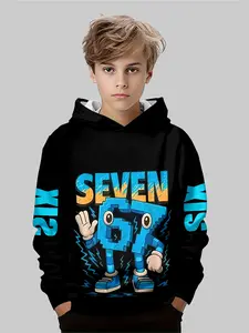 Kids Cartoon Hoodie Sweatshirt, Pixel Art Design, Spring & Fall Casual Wear, Fitted Style, All over Print Top