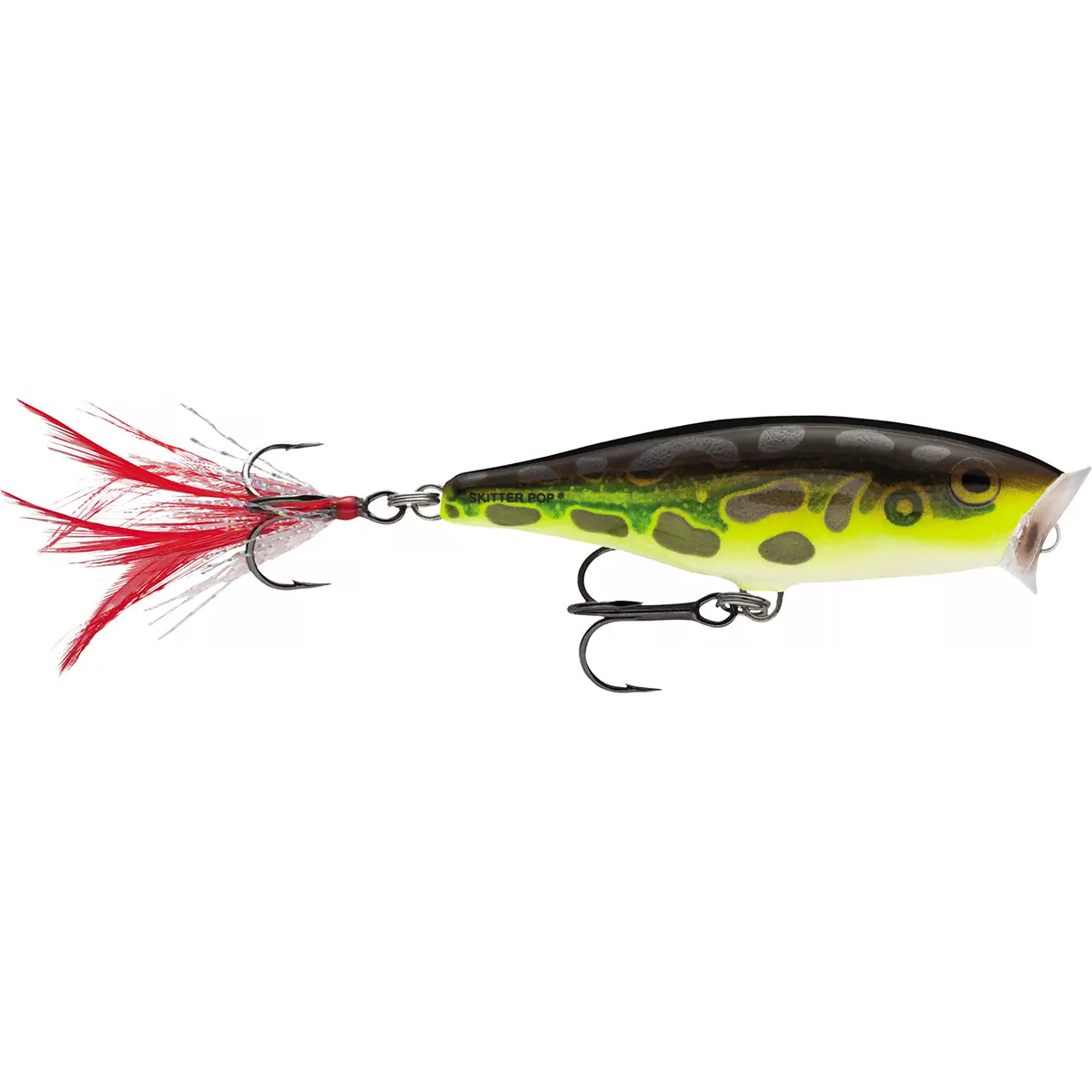 Rapala Skitter Pop 05 Balsa Wood Topwater Fishing Lure - Small Size, 2 inches, 1/4 oz, Lime Frog, Louder Popping Action, Cupped Lip, VMC Treble Fishing Hook, for Surface Feeding & Aggressive Surface Feeders