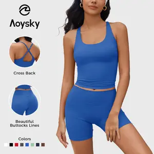 Aoysky Women's 2 Piece Gym Set - Cross Back Padded Halter Tank Top, High Waisted Biker Shorts, Short Sets for Women