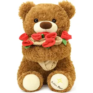 11.8 in Bouquet Teddy Bear Plush Toy, Rose Plush Bouquet, Romantic Flower Hat Bear Stuffed Plush, Perfect as a Birthday, Holiday for Boys and Girls (Brown - Small)