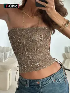Sequin Tube Top for Women Strapless Crop Top Backless Lace Up Sides Adjustable Party Club Top Glitter Bustier Sparkly Tank Top Brown Sequin Top Festival Outfit Y2K Party Style Sexy Corset Look Holiday Night Top Summer Clubwear Glam Chic Fashion Piece