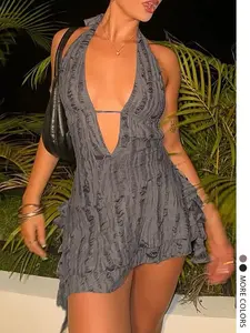 LovelyWholesale Women's Summer Vacation Solid Color Ripped Design Asymmetrical Hem Tie Halter Backless Sexy Mini Dress, Sexy Style, Perfect for Vacations