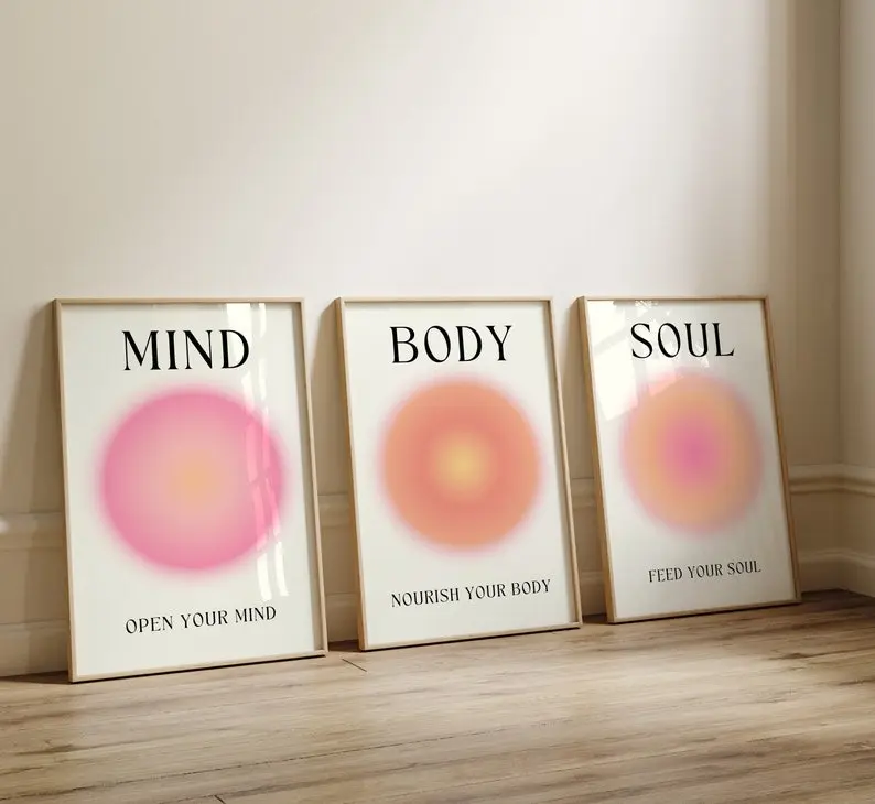 Mind Body Soul Aura Poster 3 Piece Wall Art, Aura Energy Spiritual Gradient Set of 3 Prints, Y2K Aesthetic Room Decor Spiritual Zen Wall Art | Original Authentic Poster