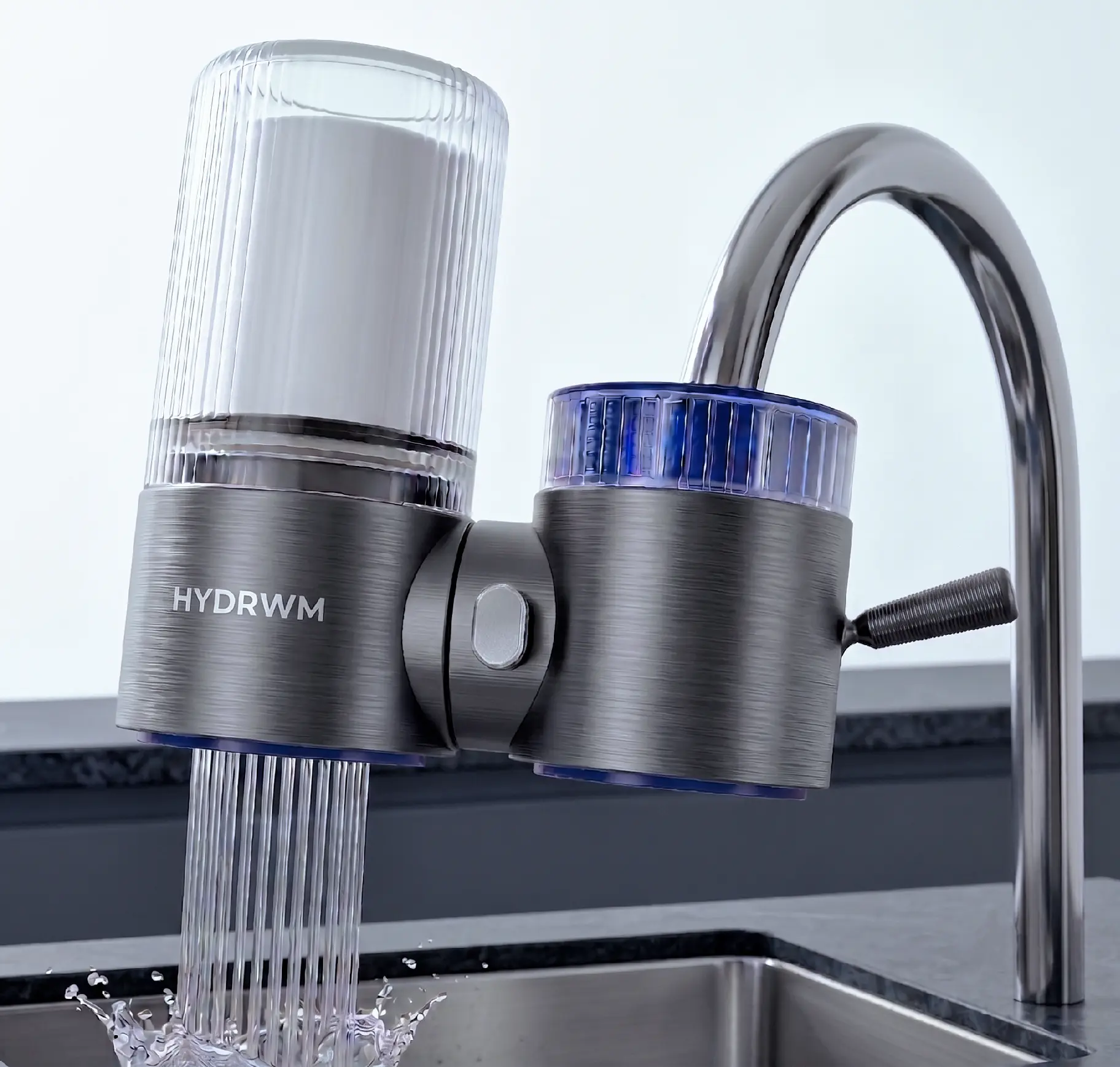 Activated Carbon Faucet-Mount Water Filter for Kitchen Sink, Chlorine Filtering Model, Reduces Lead Rust Sediment, Retains Beneficial Minerals, 400-Gal Capacity, 360-Degree Rotation, Easy Installation, Visible Filter Chamber, Gunmetal & Modern Blue