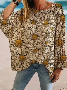 Spring and summer round neck diamond hollow knitted cardigan with batwing sleeves, sunflower print, loose drop shoulder for a slimming look, versatile for commuting and vacation, ideal as a bikini cover-up.