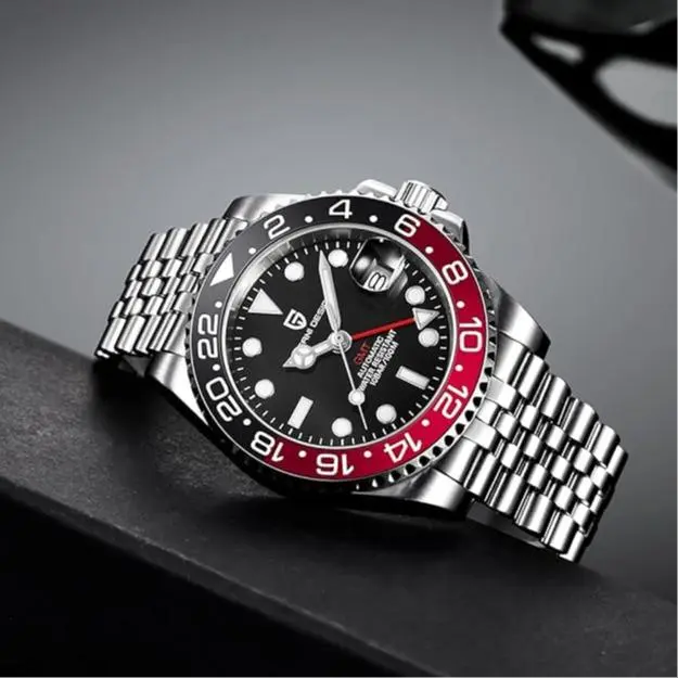 USA Pagani Design PD-1662 Master GMT Black Red Bezel Automatic Watch Jubilee