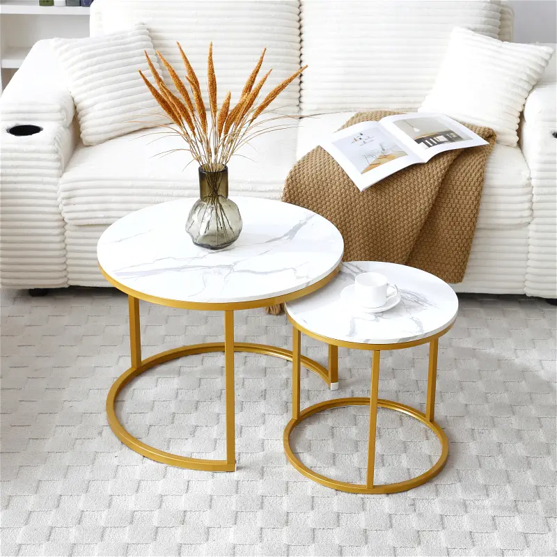 2-Piece Nesting Circle Coffee Table Set - White+Gray Faux Marble Tabletop, Wood Accent, Gold-Frame Contemporary Round Tables, Space Saving Indoor Living Room Furniture with Easy Assembly Instructions (Assembly Required), Space Saving Furniture